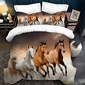 Housse de Couette pour chevaux impression 3D,Parure de lit pour animaux enfants 3 pièces,housse de couette microfibre avec fermeture éclair,pour garçons, adolescents (Trois chevaux, 200 x 200 cm) (HELUOUN, neuf)