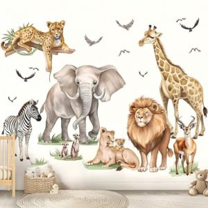 wondever Stickers Muraux Animaux de la Jungle Savane XXL Autocollants Muraux Mural Stickers Safari Éléphant Girafe Lion pour Chambre Enfants Bébé Pépinière Salon (Wondever EU, neuf)