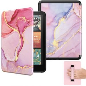 MoKo &Eacute;tui Compatible avec 7"Kindle Paperwhite(12e G&eacute;n-2024) et Kindle Colorsoft Signature Edition 2024, &Eacute;tui L&eacute;ger avec Dragonne Auto Wake/Sleep Non pour Kobo Aura 2/Remarkable, Marbre Rose Clair Dor&eacute; (Amoi Channel, neuf)