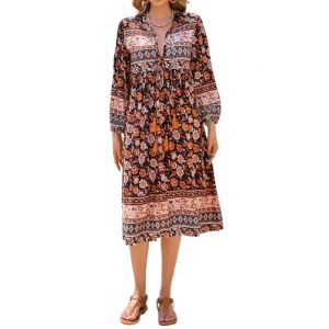 R.Vivimos Robe longue &agrave; manches longues de type midi, imprim&eacute; boh&egrave;me, avec liens autour du cou, style d&eacute;contract&eacute;, robe de vacances, id&eacute;ale pour la plage, pour femmes - - M (Jian Mei E-commerce Co., Ltd., neuf)