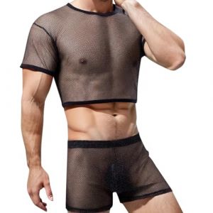 Duohropke Tenue rave pour homme - 2 pi&egrave;ces - Sexy - T-shirt en maille &agrave; manches courtes et pantalon en maille - Ensemble 2 pi&egrave;ces - Effet mouill&eacute; &eacute;rotique - Crop Top et boxer - Transparent (PANGCON, neuf)