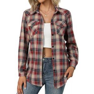 Zeagoo Blouse traditionnelle femme Oktoberfest &agrave; carreaux chemises manches longues chemise traditionnelle chemise &agrave; carreaux chemise de b&ucirc;cheron hauts d&eacute;contract&eacute;s col en V chemise blouse, noir/rouge (Zeagoo direct, neuf)