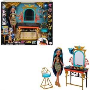 Monster High Poup&eacute;e, Ensemble de Jeu et Accessoires, Cleo De Nile Self-Scare Day, Meubles de Coiffeuse avec Rangement, Accessoires pour Cheveux et Bijoux (BroComPro, neuf)