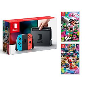 Nintendo Switch Rouge/Bleu Néon 32Go Pack + Mario Kart 8 Deluxe + Splatoon 2 (DistribNet, neuf)