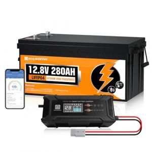 ECO-WORTHY Batterie Lithium 12V 280AH Bluetooth avec Batterie Chargeur 12/24V 20A 12V, Batterie LiFePO4 avec Protection BMS et Basse temp&eacute;rature, Max. 15 000 Cycles pour Camping-Car, Caravane, Bateau (Lvxingxia, neuf)