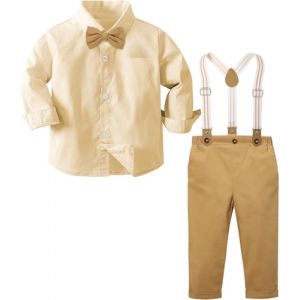 mintgreen Costume Bebe Garcon, Enfant Mariage Vetement Bapteme Tenue Ceremonie Manches Longues Chemises + Pantalon + Bretelles + N&oelig;ud Papillon, Couleur Kaki, 12-18 Mois, 80 (A&J DESIGN, neuf)
