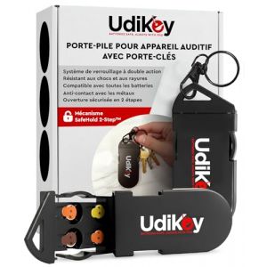 Bo&icirc;te de Rangement Porte-Cl&eacute;s Piles Appareils Auditifs 10 13 312 - &Eacute;tuis &agrave; Piles UdiKey Coque Compacte Rigide Antichoc Antirayure - Voyages Travail Sport - Portable avec 6 Compartiments 36x85x16mm (Eurocali, neuf)