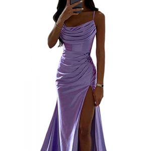 ORANDESIGNE Robe de Soir&eacute;e Longue Femme en Satin sans Manches Dos Nu Fendue Couleur Unie &eacute;l&eacute;gante Robe Maxi Bretelles Spaghetti Fendue Bal Mariage Cocktail Party Dress A Violet S (ORANNER EU, neuf)