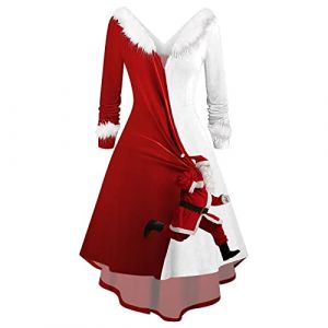 Générique Robe Noel Femme Hiver Vintage Années 50 Pin Up Femme Chic Elegante Robe de Noël avec Coutures en Fourrure Col en V Noël Femmes épaule Imprimer Vintage Robe De Soirée Robe évasée (Qingyak, neuf)