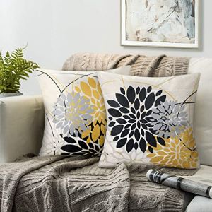 Housse De Coussin 40&times;40 Housse Coussin Abstrait G&eacute;om&eacute;trique Floral Housses De Coussins Noir Et Jaune Taie Oreiller L'automne Lin Taie Coussin Lot De 2 Housses Coussin Pour Salon Sofa Coussin D&eacute;cor (LRartdeco Home, neuf)