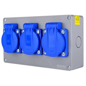 RoadEu Bloc Multiprise IP44 Saillie | 3 Prises Françaises 2P+T 230V/16A | Boîtier de Distribution Pré-câblé avec Presse-étoupe PG13,5 | Répartiteur pour Chantier, Atelier & Extérieur Couvert (RoadEu, neuf)