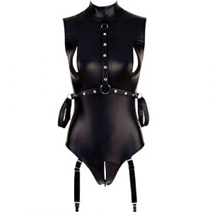 Body Sexy Femme Érotique Ouvert Entrejambe Zippée en Cuir PU, Porte-jarretelle Lingerie Coquine Hot Sein Nu, Justaucorps Babydoll Teddy Club Libertin (Black, XXL) (Venbriele, neuf)