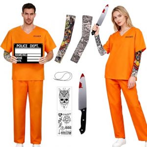 Hifot Deguisement Prisonnier Homme Femme Tenue Prisonnier Orange Hauts et Pantalons, Prisonniere Costume Halloween Homme Adulte Cosplay Outfit, Manches, Tatouages ​​Temporaires Numéros Autocollants L (crsqx, neuf)