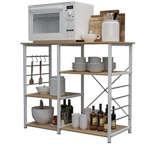sogesfurniture Etagère de Cuisine en métal et Bois, Meuble Rangement Desserte de Cuisine Etagère pour Four à Micro-Ondes, Outils de Cuisine, avec 3 + 3 Tablettes, Érable&Blanc 171-MO-BH (SogesGame EU, neuf)