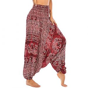 Nuofengkudu Femme Hippie Sarouel Combinaison Pantalon Jumpsuit Taille Haute Large Boheme Fleuri Imprimé Leger Grande Thai Yoga Pants Coloré Ete Plage(S-Éléphant Vin Rouge,Taille Unique) (better Life, neuf)