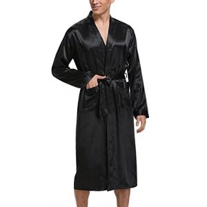 Irdcomps Peignoir Homme Satin Peignoir de Bain Hommes Robe de Chambre Kimono Japonais Col V Chemise de Nuit Robe avec Ceinture Vêtements De Nuit Noir L (FanJiaShang-EU, neuf)
