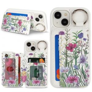 Ｈａｖａｙａ Coque pour iPhone 15 avec Porte Carte Motif Floral Etui f&uuml;r iPhone 15 avec Mousqueton Porte cl&eacute; Porte Monnaie Femme Cuir Housse - Fleur 1 (HuaJie-Tech, neuf)