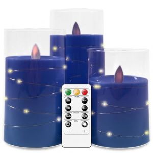salipt Bougie LED, Bougies LED Flamme Vacillante Lot de 3, Bougies à Piles en Verre Avec Télécommande et Minuteur, Diamètre 7.6 cm, Hauteur 10.2 12.7 15.3 cm - Bleu (Tongyu EU, neuf)