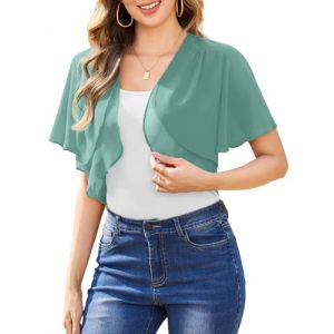 Aottori Cardigan Boléro Court Femme en Mousseline de Soie Gilet à Manches Évasées Courte Boléro Veste Elégant Chic pour Robe Bretelle Mariage Vert S (yyh-eu, neuf)