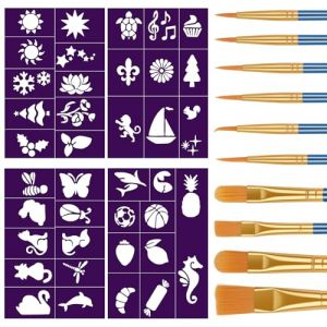 Alaoo 4 Pièces Pochoir Maquillage Enfant, Pochoirs de Peinture Faciale Réutilisables Tatouage de Peinture,Contient 10 PCS pinceaux de Peinture en Nylon pour Visage et Corps Halloween Fête,Violet (Alaoo, neuf)