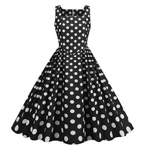 Robe Année 60 Femme Sexy Col V sans Manche Retro Robe Style 1950's Audrey Hepburn Rockabilly Elegante Polka Dot Trapèze Vintage Robes Swing Robe De Bal Fête Cérémonie Mi Longue (Lieyxfaye, neuf)