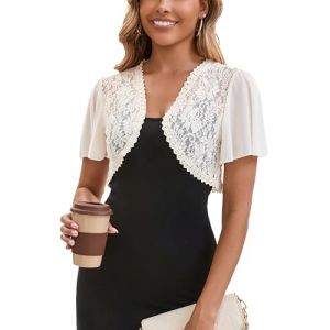 Bol&eacute;ro Femme Dentelle Gilet Veste Transparentes Cardigan Court Manches Courtes pour Robe Mariage T Shirt Bretelle Chic El&eacute;gante Soir&eacute;e F&ecirc;te D&eacute;contract&eacute; Beige L (Enjyam, neuf)