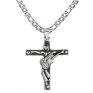 AFSTALR Croix Johnny Hallyday Pendentif Collier Chaîne Johnny Guitare Rocker Métal Acier Inoxydable Argenté Signature Design Femme Homme Cadeau (AFSTALR, neuf)