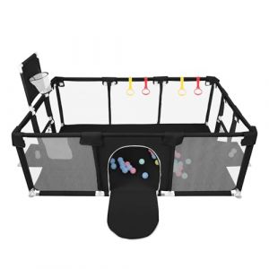 Parc B&eacute;b&eacute;, Aire de Jeux S&eacute;curis&eacute;e pour Enfants avec avec Grille de Protection, Antid&eacute;rapant, Cl&ocirc;ture B&eacute;b&eacute; Pliable, 4 Anneaux de Grimpe, Balle Marine (Noir A, 180x120x66 cm) (hlang EU, neuf)