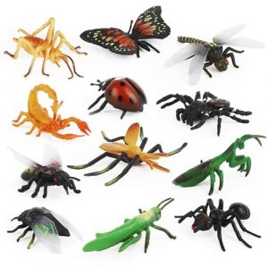 Ryvera Lot de 12 figurines d'insectes réalistes, avec coccinelle, abeille, papillon, fourmi, grille, scorpion, araignée pour l'école, projet, insecte, fête et décoration de gâteau (RANYUE, neuf)