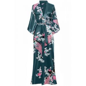 BABEYOND Kimono Femme Long en Satin - Peignoir L&eacute;ger Imprim&eacute; Paon jusqu'&agrave; la Cheville, Taille unique, Bleu noir (Lixuanshengang, neuf)