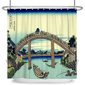 SDOTPMT 140x183cm Ukiyo-e Japonais Ancien Pont Mont Fuji Rideau de Douche Orient Traditionnel Ethnique Anime Kanagawa Naturel pour Salle de Bains Polyester avec Crochets (SDOTPMT, neuf)