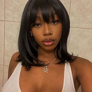 PF hair Perruque Bresilienne Courte Bob 14 Pouces (35 cm) Perruque Cheveux Humain avec Frange Perruque Sans Dentelle Couleur Noire Naturelle Perruque Bresilienne Lisse (PF hair products, neuf)