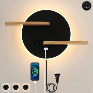 KZT Applique Murale Chambre avec Interrupteur 3 Temp&eacute;rature LED Lampe de Chevet avec Port de Charge USB et Plateau Applique Liseuse 9W Lampe Murale en Bois pour Salon Bureau H&ocirc;tel, Noir (Partn, neuf)