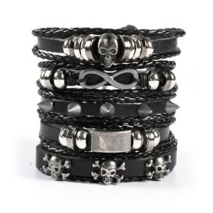 YUVKIN Lot de 5 Bracelets en Cuir Unisexes Style Punk avec Clous, Bracelet Squelette, Manchette Gothique pour Halloween, No&euml;l, F&ecirc;te &agrave; Th&egrave;me, Concert Rock (Noir) (HerEdit, neuf)