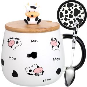 Disoza Tasse Vache avec couvercle Cow Mug 420ml Café Tasse Cadeau Vache Céramique Tasse à thé avec cuillère & soucoupe Thé Café Noël Tasse Cadeau d'anniversaire pour femme amie enfants (RaoBai EU, neuf)
