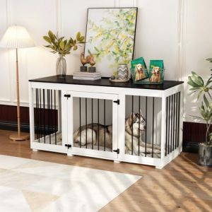 Cage Moderne pour Chien avec 1 Porte grillagée,Niche pour Chien en MDF et métal,Cage de Transport pour Animal Domestique, Respirante,Niche d'intérieur pour Moyenne,136.2x56.2x70cm (QYH Collection, neuf)