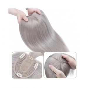 Toppers de cheveux pour femmes Toppers de cheveux humains avec frange couleur grise postiches droites soyeuses 10x12 cm base de soie douce naturelle densité 130% postiches de cheveux indiens Pinces à (mengliouzhou, neuf)