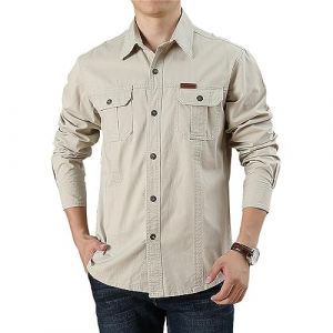 Hommes &agrave; Manches Longues Militaire Boutonn&eacute; Cargo Chemise Coton Tactique Formation Randonn&eacute;e Travail Lot de Chemises Veste en Jean Homme Longue Blouson S&eacute;chage Pas Cher Et&eacute; (Beige,XL,XL) (JIER, neuf)