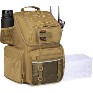 FRETHIND Sac &agrave; dos de p&ecirc;che avec bo&icirc;tes (incluses), mallette de 45 L avec compartiment isotherme, bo&icirc;te de rangement &eacute;tanche &ndash; Grand sac &agrave; compartiments r&eacute;glables, sacs de canne &agrave; p&ecirc;che (Brun) (LICHU Direct, neuf)