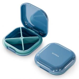 ONTERATE Pilulier Quotidien 4 Compartiments, Pilulier de Voyage Portable, Bo&icirc;te &agrave; Pilules pour Poche de sac &agrave; Main, Organisateur de M&eacute;dicaments de Voyage Compact pour Vitamines, Suppl&eacute;ments (Bleu) (ONTERATE, neuf)