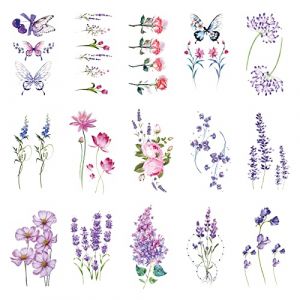 VIKSAUN 15 Feuilles Coloré Tatouage Ephemere Fleur Tatouage Temporaire Étanche Fleur Série Autocollant De Tatouage, Petit Aquarelle Lavande Tatouage Ephemere, Filles Faux Tatouage (15 Feuilles) (NanxuanEu, neuf)