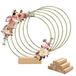 Worown Lot de 6 Cerceau Floral en M&eacute;tal Dor&eacute; 25 cm avec Support en Bois, Cerceau Floral pour Mariage, C&eacute;r&eacute;monie, Anniversaire, F&ecirc;te (Worown FR, neuf)