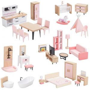 Giant bean Kit de Meubles de Maison de Poupée en Bois, 32 Meubles avec Accessoires de Maison de Poupée, Jeux de Simulation pour Garçons, Filles et Tout-Petits 3 Ans + (Kekemu, neuf)