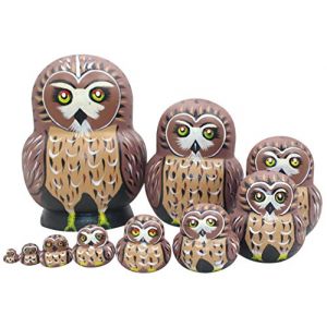 Winterworm 1 Lot de 10 pcs Cute Owl Th&egrave;me Animal en Bois empilage gigogne Cr&egrave;che de No&euml;l Faite &agrave; la Main poup&eacute;e Russe Enfant Cadeau Jouet (Feiandenguk, neuf)