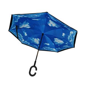 WOWGADGET Parapluie invers&eacute; BlueSky avec poign&eacute;e en C. &Agrave; manche invers&eacute; - Parasol &agrave; double couche. Coupe-vent - R&eacute;sistant au vent et aux UV - Prot&egrave;ge de la pluie, de la temp&ecirc;te et du soleil. (2joy, neuf)