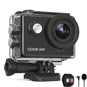 GOOKAM 4K 60FPS Caméra Sport, Action Caméra EIS 40M Étanche Caméra Sportive Ultra HD avec 2 Batteries 1350mAh, 170 ° Grand Angle, 2.4G Télécommande et Kit d'Accessoires (GOOKAM, neuf)