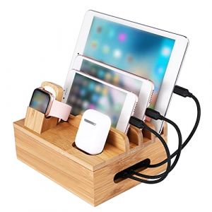 Station de Charge pour Plusieurs Appareils, 5-Slot Station Chargeur Rapide en Bois pour T&eacute;l&eacute;phone, Tablette, Support de Montre Intelligente, Organisateur de Chargeur d'Appareil de Bureau (Hairolory, neuf)
