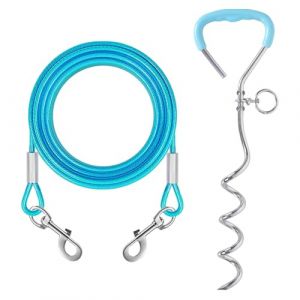 Câble Attache Chien, Piquet en Acier Inoxydable et Attache en Spirale Domestiques Complet pour Extérieur Jardin et Camping pour Petits et Moyens Chiens Piquets d'attache pour Chien（3 Mètres, Lac Bleu） (xpurplei, neuf)