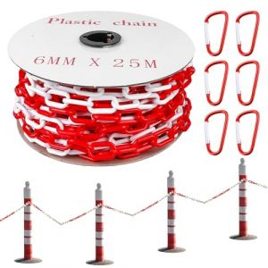 Cha&icirc;ne de signalisation de 25 m, 6 mm, cha&icirc;ne en plastique rouge et blanc, cha&icirc;ne en plastique/plastique, cha&icirc;ne de s&eacute;curit&eacute; de chantier, cha&icirc;ne &agrave; maillons en plastique pour la s&eacute;curit&eacute; (KAROULLA, neuf)