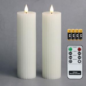 Fanna Lot de 2 bougies piliers &agrave; LED blanches &agrave; piles, sans flamme, &agrave; rayures pour No&euml;l, piles et t&eacute;l&eacute;commande incluses - D 5,5cm x H 20,5 cm (KingScope, neuf)